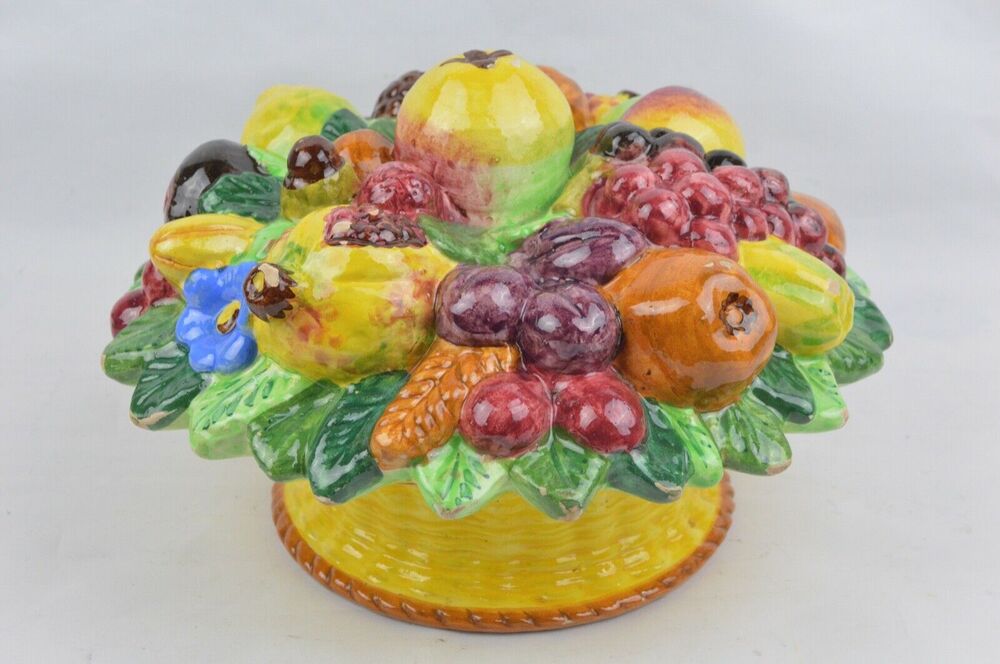 Italian Majolica Ceramic Fruit Basket Canister Jar Lid Centerpiece Antique